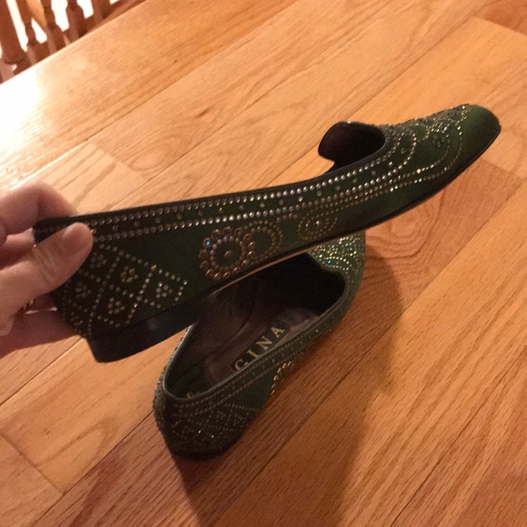 Gina (UK) Moss Green Satin Crystal Flats - Picture 4 of 4